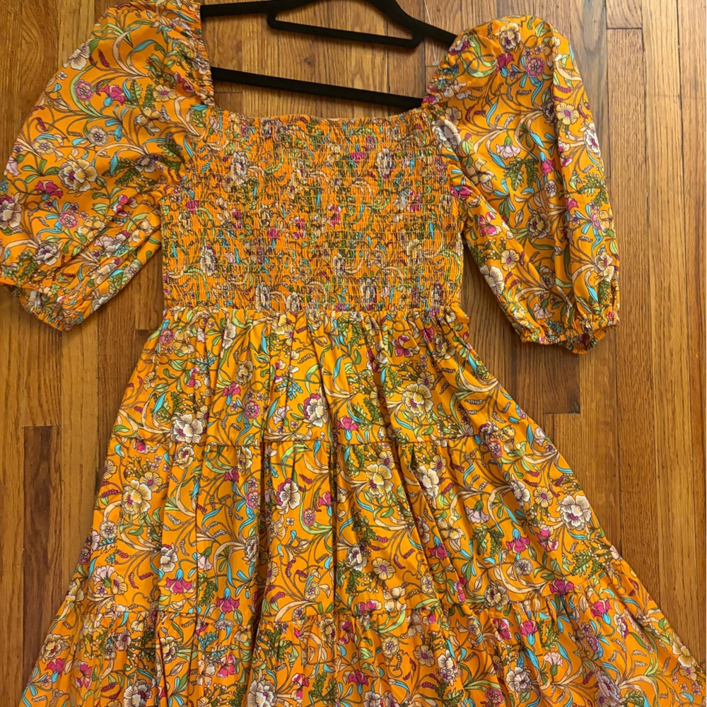 Flying Tomato Orange Floral Smocked Puff Sleeve Mini Dress